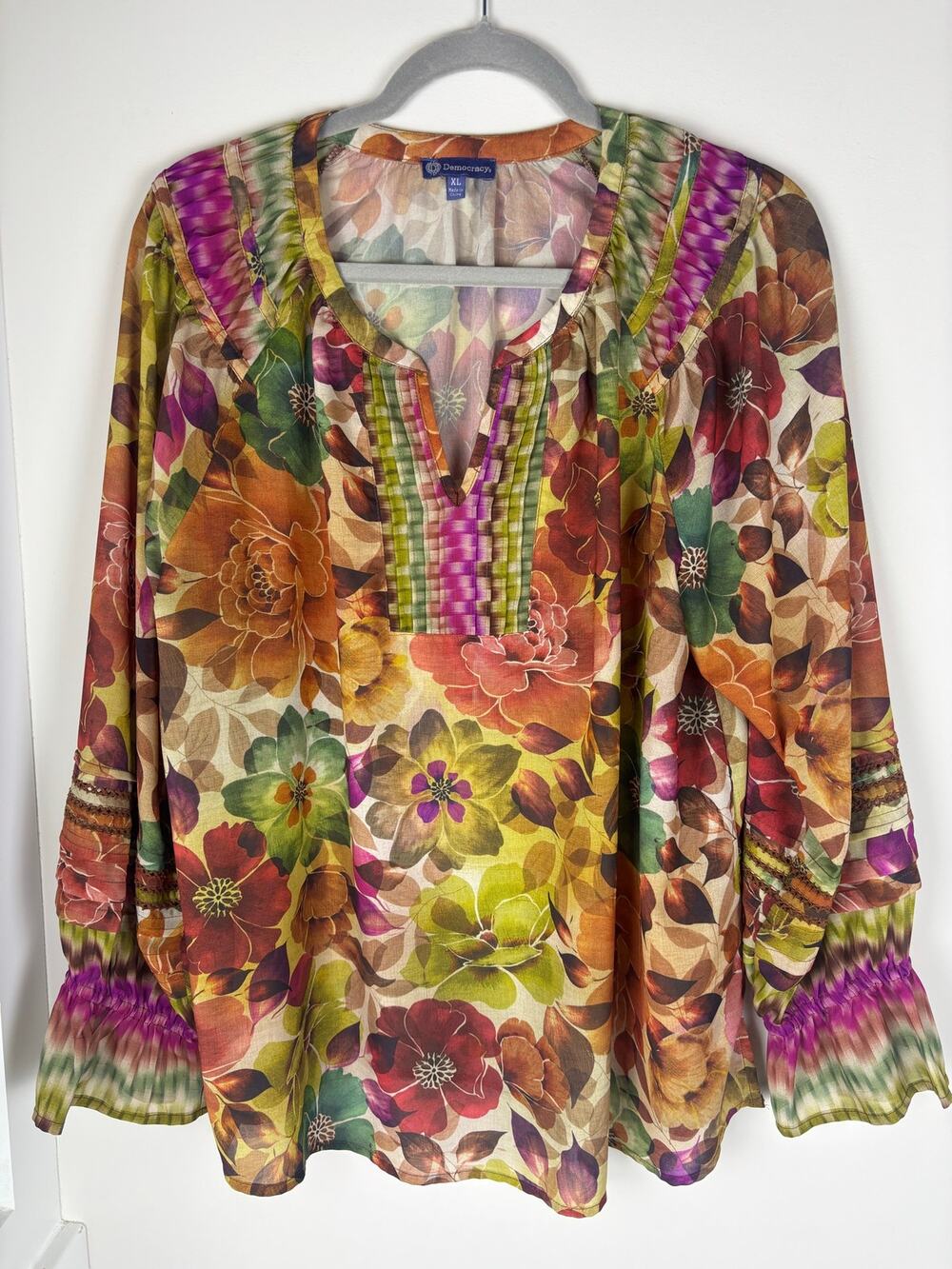 Democracy Blouse Womens XL Floral Boho Bell Sleeve Mixed Print Tunic Top
